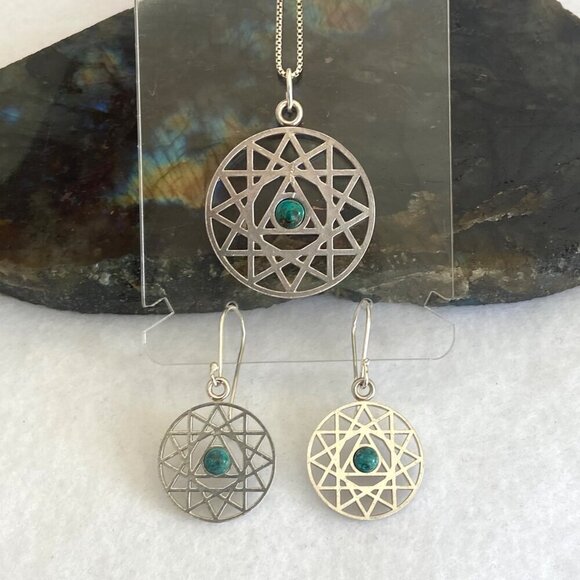 Sterling Silver Openwork Round Mandala Trinity Star Chrysocolla Dangle Earrings - Picture 10 of 16
